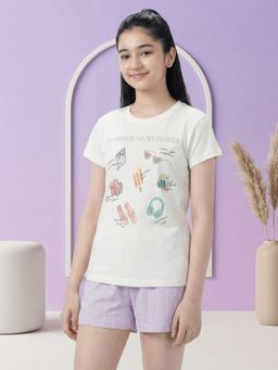Lil Tomatoes - Girls Cream Half Sleeves Printed Nightsuit