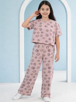 Lil Tomatoes - Girls Pink Knit Half Sleeves Floral Printed Summer Nightsuit