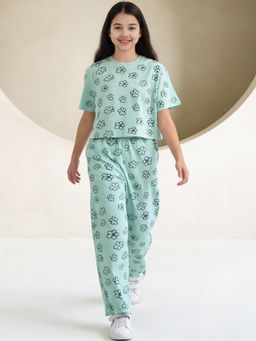 Lil Tomatoes - Girls Green Knit Half Sleeves Floral Printed Summer Nightsuit