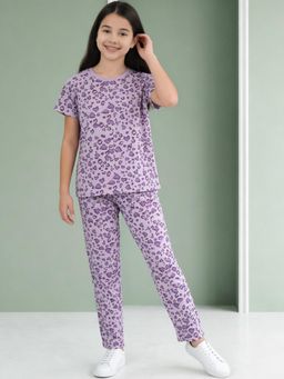 Lil Tomatoes - Girls Purple Knit Half Sleeves Heart Printed Summer Nightsuit