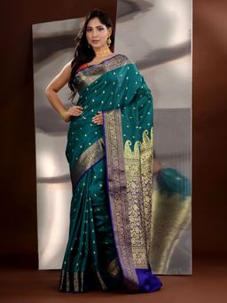 CHARUKRITI - Teal Silk Blend Zari Handwoven Saree with Unstitched Blouse