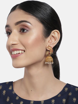 Accessher - Matte Gold Plated Red Studded Dome Shaped Jhumki Earrings For Women & Girls