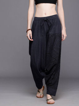The Veshti Company - Womens Cotton Loose Baggy Printed Yoga Harem Pant - Navy Blue