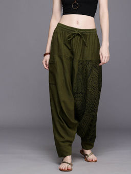 The Veshti Company - Womens Cotton Loose Baggy Printed Yoga Harem Pant - Green