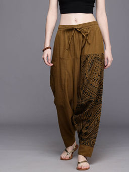 The Veshti Company - Womens Cotton Loose Baggy Printed Yoga Harem Pant - Khaki