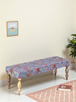 Ikiriya - Cairo Solid Wood 2 Seater Bench in Grey Bird Print Kantha fabric (1 Year Warranty)