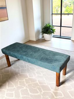 Ikiriya - Asteria Solid Wood 2 Seater Bench in Textured Cyan Blue Jackard fabric (1 Year Warranty)