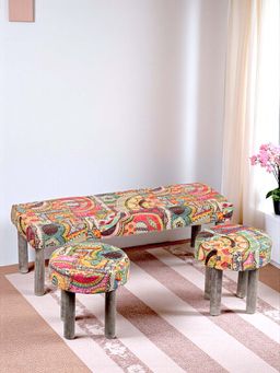 Ikiriya - Asteria Solid Wood 2 Seater Bench set with 2 Stools Multi-colour Israel Print Kantha fabric (1 Year Warranty)