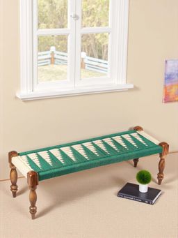 Ikiriya - HaSheesham Wood 2 Seater Maachi Bench in Green & White Rope Canning (1 Year Warranty)