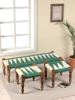 Ikiriya - HaSheesham Wood 2 Seater Maachi Bench set with 2 Stools in Green & White Rope Canning (1 Year Warranty)
