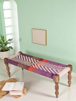 Ikiriya - HaSheesham Wood 2 Seater Maachi Bench Assorted Multi-colour Chindi & White Rope Canning (1 Year Warranty)