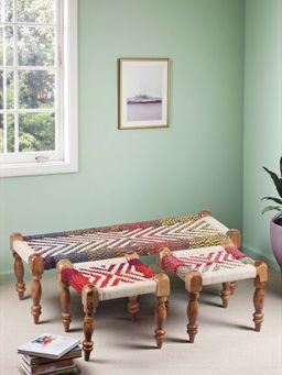 Ikiriya - HaSheesham Wood 2 Seater Maachi Bench with 2 Stools in Assorted Multi-Colour Chindi Canning (1 Year Warranty)