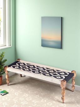 Ikiriya - HaSheesham Wood 2 Seater Maachi Bench in Black & White Rope Canning (1 Year Warranty)