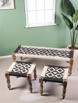 Ikiriya - HaSheesham Wood 2 Seater Maachi Bench set with 2 Stools in Black & White Rope Canning (1 Year Warranty)