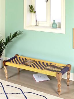 Ikiriya - HaSheesham Wood 2 Seater Maachi Bench in Yellow & Purple Rope Canning (1 Year Warranty)