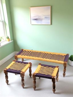 Ikiriya - HaSheesham Wood 2 Seater Maachi Bench set with 2 Stools Yellow & Purple Rope Canning (1 Year Warranty)