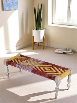 Ikiriya - HaSheesham Wood 2 Seater Maachi Bench in Assorted Multi-Colour Chindi & Yellow Rope Canning (1 Year Warranty)