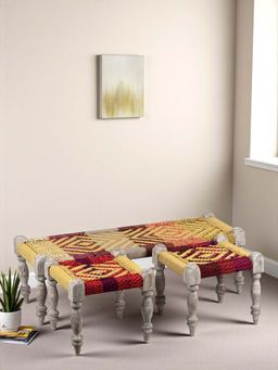 Ikiriya - HaSheesham Wood 2 Seater Maachi Bench with 2 Stools in Assorted Multi-Colour Chindi Canning (1 Year Warranty)