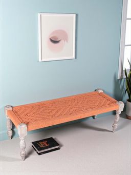 Ikiriya - HaSheesham Wood 2 Seater Maachi Bench in Orange Rope Canning (1 Year Warranty)