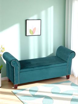 Ikiriya - Queens Solid Wood 2 Seater Bench/ Couch with inside Storage Space in Turquoise Sea Velvet (1 Year Warranty)