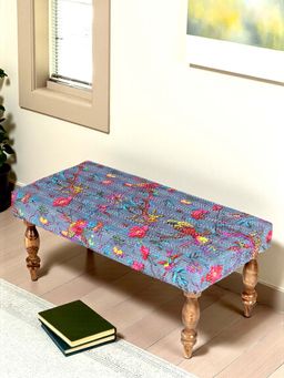 Ikiriya - Bestone Solid Wood 2 Seater Bench in Grey Bird Print Kantha fabric (1 Year Warranty)