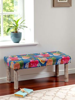 Ikiriya - Camilla Solid Wood 2 Seater Bench in Fruit Print Blue Ethnic Kantha fabric (1 Year Warranty)