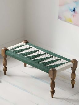Ikiriya - Oakville Sheesham Wood 2 Seater Maachi Bench in Green & White Rope Canning (1 Year Warranty)