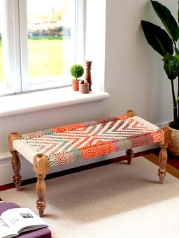 Ikiriya - Oakville 2 Seater Maachi Bench Assorted Chindi & White Rope Canning (1 Year Warranty)