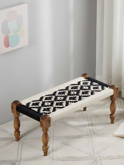 Ikiriya - Oakville Sheesham Wood 2 Seater Maachi Bench in Black & White Rope Canning (1 Year Warranty)