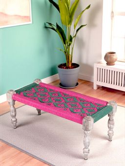 Ikiriya - Oakville Sheesham Wood 2 Seater Maachi Bench in Green & Pink Rope Canning (1 Year Warranty)