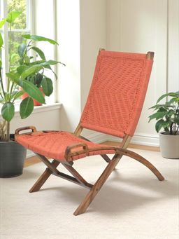 Ikiriya - NatWest Sheesham Wood Relaxing Lounge Chair in Orange Rope Canning (1 Year Warranty)