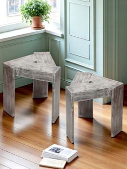 Ikiriya - Avina Sheesham Wood Set of 2 End Tables / Tea Tables in Rustic Grey Matte Finish (1 Year Warranty)