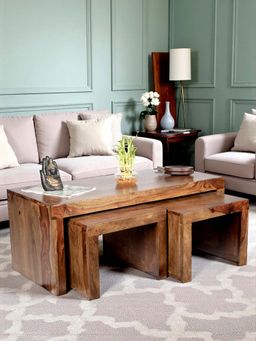 Ikiriya - Kassel Sheesham Wood Coffee Table with 2 Stools Set in Teak Finish (1 Year Warranty)