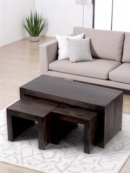 Ikiriya - Kassel Sheesham Wood Coffee Table with 2 Stools Set in Mahogany Finish (1 Year Warranty)