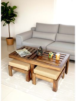 Ikiriya - Irish Sheesham Wood Coffee Table with 2 Stools Set Teak Finish & Jute Beige fabric Cushions (1 Year Warranty)