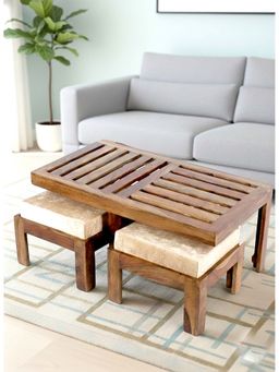 Ikiriya - Irish Coffee Table with 2 Stools Set Teak Finish & Ivory Sparkle Velvet Cushions (1 Year Warranty)