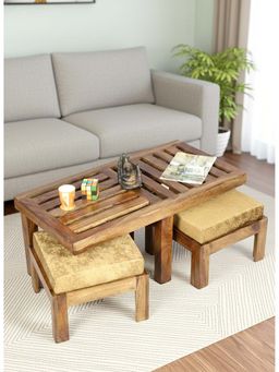 Ikiriya - Irish Coffee Table with 2 Stools Set Teak Finish & Green Sparkle Velvet Cushions (1 Year Warranty)