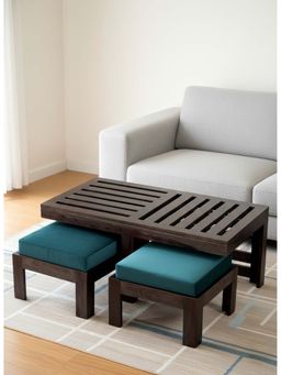Ikiriya - Irish Coffee Table with 2 Stools Set in Mahogany Finish & Turquoise Sea Velvet Cushion (1 Year Warranty)