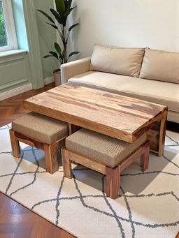 Ikiriya - Irish Sheesham Wood Coffee Table with 2 Stools Set Teak Finish & Jute Beige fabric Cushions (1 Year Warranty)