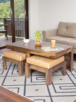 Ikiriya - Irish Coffee Table with 2 Stools Set Teak Finish & Ivory Sparkle Velvet Cushions (1 Year Warranty)