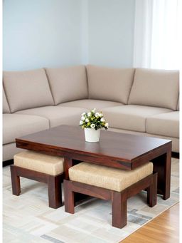 Ikiriya - Irish Sheesham Wood Coffee Table with 2 Stools Set Dark Walnut Finish & Jute Beige Cushions (1 Year Warranty)