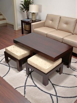 Ikiriya - Irish Coffee Table with 2 Stools Set Dark Walnut Finish & Ivory Velvet Cushions (1 Year Warranty)