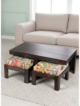 Ikiriya - Irish Coffee Table with 2 Stools Set in Mahogany Finish & Israel Print Kantha Cushions (1 Year Warranty)