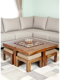 Ikiriya - Blane Sheesham Wood Coffee Table with 4 Stools Set Teak Finish & Jute Beige fabric Cushions (1 Year Warranty)