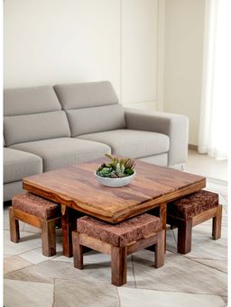 Ikiriya - Blane Coffee Table with 4 Stools Set Teak Finish & Brown Sparkle Velvet Cushions (1 Year Warranty)