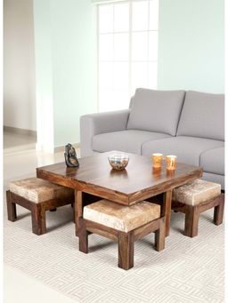 Ikiriya - Blane Coffee Table with 4 Stools Set Teak Finish & Ivory Sparkle Velvet Cushions (1 Year Warranty)