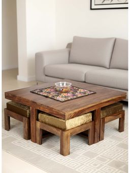 Ikiriya - Blane Coffee Table with 4 Stools Set Teak Finish & Green Sparkle Velvet Cushions (1 Year Warranty)