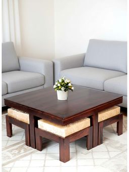 Ikiriya - Blane Coffee Table with 4 Stools Set Dark Walnut Finish & Ivory Velvet Cushions (1 Year Warranty)