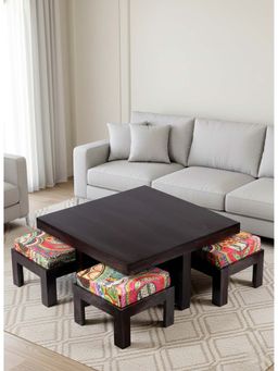 Ikiriya - Blane Coffee Table with 4 Stools Set in Mahogany Finish & Israel Print Kantha Cushions (1 Year Warranty)