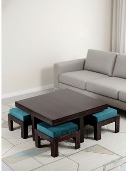 Ikiriya - Blane Coffee Table with 4 Stools Set in Mahogany Finish & Turquoise Sea Velvet Cushion (1 Year Warranty)